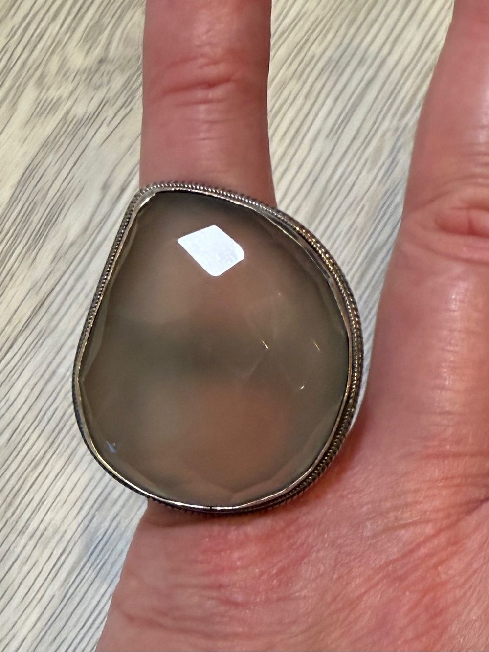 Chunky Faceted Gray Calcedony Statement Ring 925 Silver size 6
